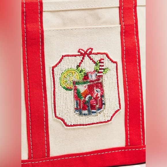 Anthropologie The Hartley Canvas Tote Red Cream Beaded Bag NWT - Picture 3 of 4